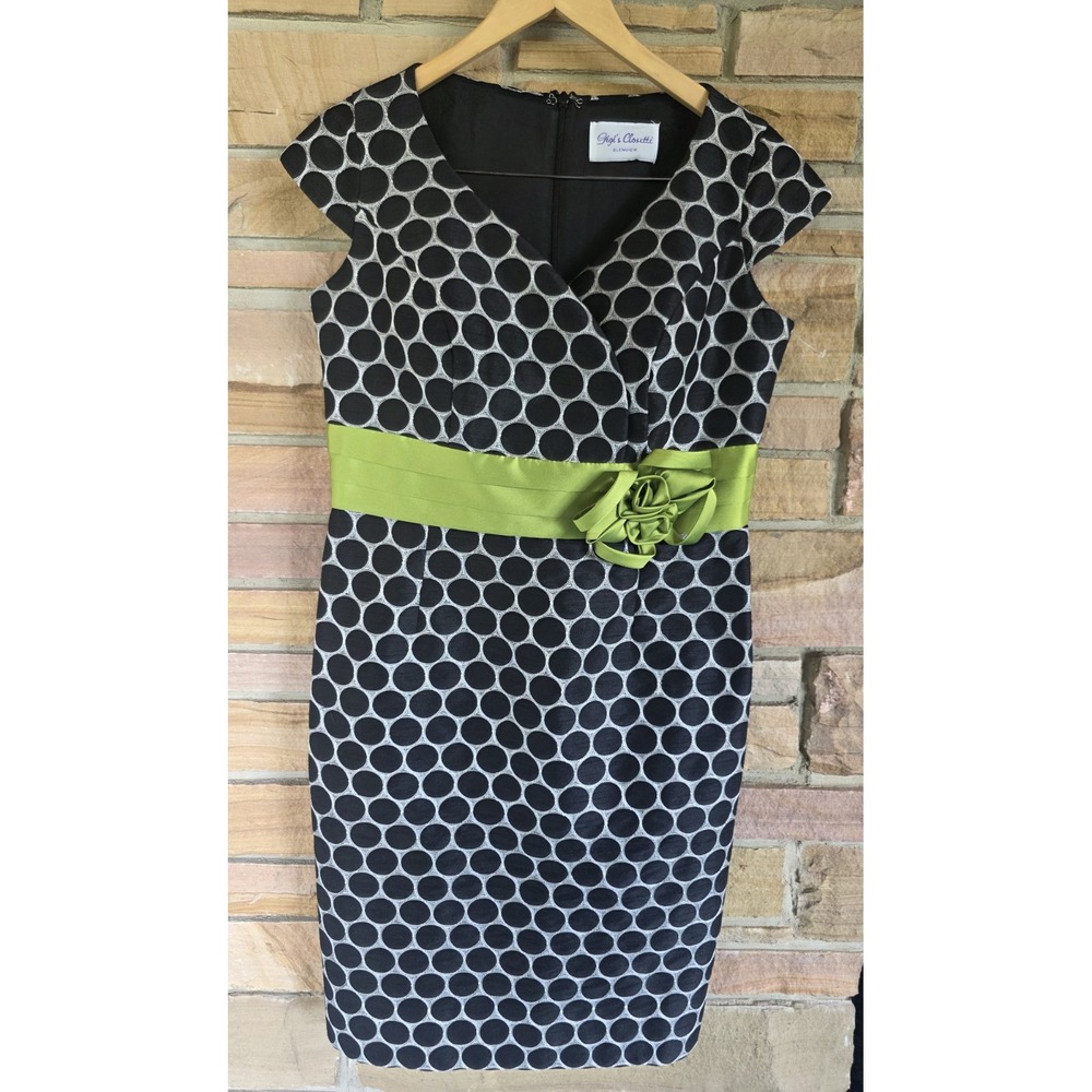 Gigi's Closette Glenview‎ Dress Size 10 Black Polka Dot Green Rosette Cocktail